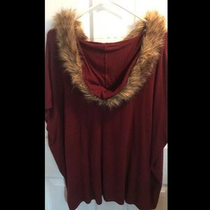 Love tree maroon fur hooded poncho. New.